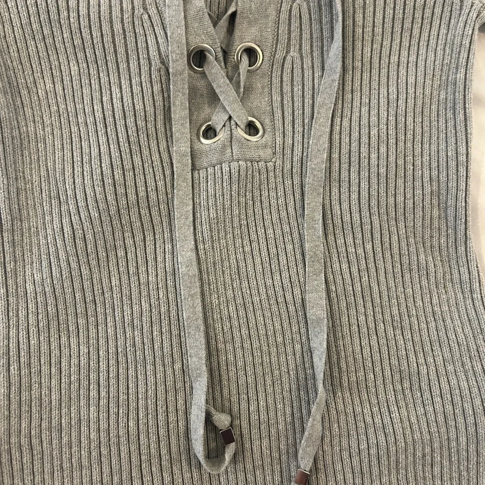 Michael Kors Lace Up Ribbed Sweater Tunic Gray Long Sleeve Womens XS
